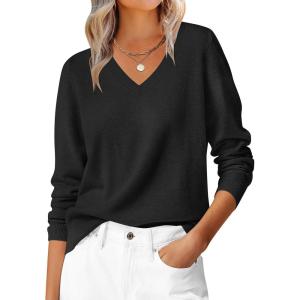 ANRABESS Womens Long Sleeve V Neck Sweaters 2025 Fall Casual Classic Soft Loose Fit Basic Pullover Jumper Top(Black)