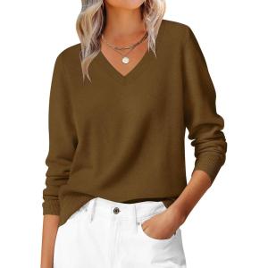 ANRABESS Womens Long Sleeve V Neck Sweaters 2025 Fall Casual Classic Soft Loose Fit Basic Pullover Jumper Top(Caramel)