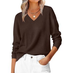 ANRABESS Womens Long Sleeve V Neck Sweaters 2025 Fall Casual Classic Soft Loose Fit Basic Pullover Jumper Top(Coffee)