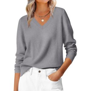 ANRABESS Womens Long Sleeve V Neck Sweaters 2025 Fall Casual Classic Soft Loose Fit Basic Pullover Jumper Top(Grey)