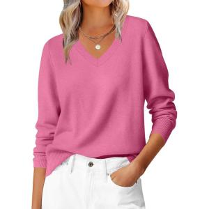 ANRABESS Womens Long Sleeve V Neck Sweaters 2025 Fall Casual Classic Soft Loose Fit Basic Pullover Jumper Top(Hot Pink)