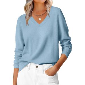 ANRABESS Womens Long Sleeve V Neck Sweaters 2025 Fall Casual Classic Soft Loose Fit Basic Pullover Jumper Top(Light Blue)