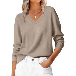ANRABESS Womens Long Sleeve V Neck Sweaters 2025 Fall Casual Classic Soft Loose Fit Basic Pullover Jumper Top(Light Camel)