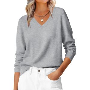 ANRABESS Womens Long Sleeve V Neck Sweaters 2025 Fall Casual Classic Soft Loose Fit Basic Pullover Jumper Top(Light Grey)