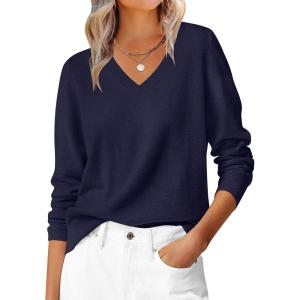ANRABESS Womens Long Sleeve V Neck Sweaters 2025 Fall Casual Classic Soft Loose Fit Basic Pullover Jumper Top(Navy Blue)