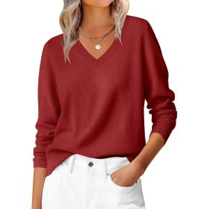 ANRABESS Womens Long Sleeve V Neck Sweaters 2025 Fall Casual Classic Soft Loose Fit Basic Pullover Jumper Top(Red)