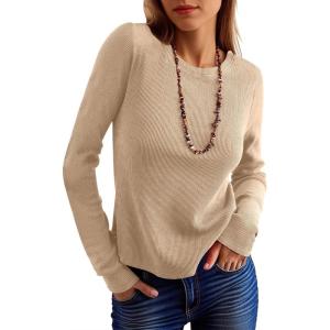 ANRABESS Women’s Long Sleeve Waffle Knit Shirts Casual Slim Fitted Crew Neck Thermal Tops Basic Tee 2025 Fall Trendy Outfits(Light Brown)