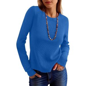 ANRABESS Women’s Long Sleeve Waffle Knit Shirts Casual Slim Fitted Crew Neck Thermal Tops Basic Tee 2025 Fall Trendy Outfits(Royal Blue)