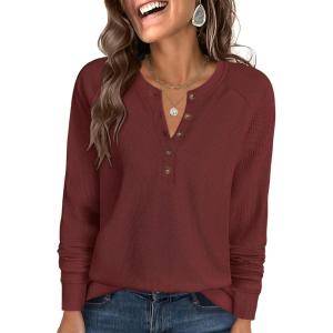 ANRABESS Women’s Long Sleeve Waffle Knit Shirts Dressy Casual Loose Button Up V Neck Henley Tops 2025 Fall Basic Tee Blouse(Birck Red)