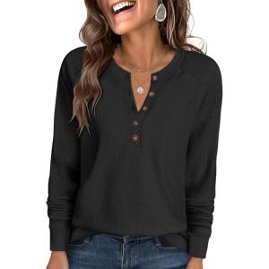 ANRABESS Women’s Long Sleeve Waffle Knit Shirts Dressy Casual Loose Button Up V Neck Henley Tops 2025 Fall Basic Tee Blouse(Black)