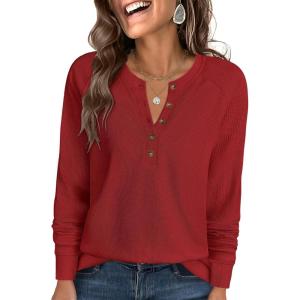ANRABESS Women’s Long Sleeve Waffle Knit Shirts Dressy Casual Loose Button Up V Neck Henley Tops 2025 Fall Basic Tee Blouse(Bright Red)