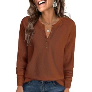 ANRABESS Women’s Long Sleeve Waffle Knit Shirts Dressy Casual Loose Button Up V Neck Henley Tops 2025 Fall Basic Tee Blouse(Burnt Orange)