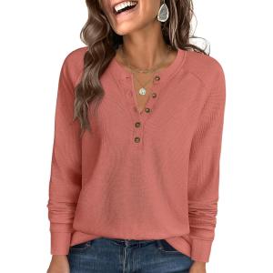 ANRABESS Women’s Long Sleeve Waffle Knit Shirts Dressy Casual Loose Button Up V Neck Henley Tops 2025 Fall Basic Tee Blouse(Coral)