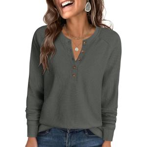 ANRABESS Women’s Long Sleeve Waffle Knit Shirts Dressy Casual Loose Button Up V Neck Henley Tops 2025 Fall Basic Tee Blouse(Deep Army Green)