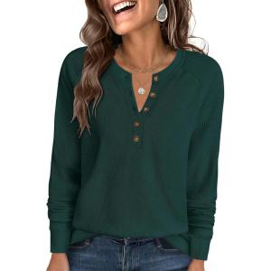 ANRABESS Women’s Long Sleeve Waffle Knit Shirts Dressy Casual Loose Button Up V Neck Henley Tops 2025 Fall Basic Tee Blouse(Deep Green)