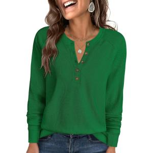 ANRABESS Women’s Long Sleeve Waffle Knit Shirts Dressy Casual Loose Button Up V Neck Henley Tops 2025 Fall Basic Tee Blouse(Green)
