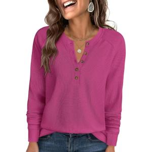 ANRABESS Women’s Long Sleeve Waffle Knit Shirts Dressy Casual Loose Button Up V Neck Henley Tops 2025 Fall Basic Tee Blouse(Hot Pink)