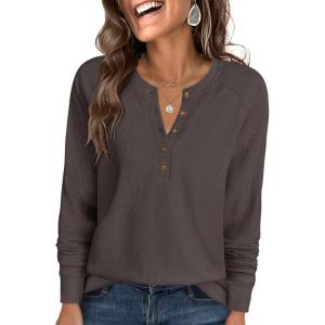 ANRABESS Women’s Long Sleeve Waffle Knit Shirts Dressy Casual Loose Button Up V Neck Henley Tops 2025 Fall Basic Tee Blouse(Light Brown)