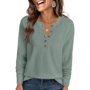ANRABESS Women’s Long Sleeve Waffle Knit Shirts Dressy Casual Loose Button Up V Neck Henley Tops 2025 Fall Basic Tee Blouse(Light Green)