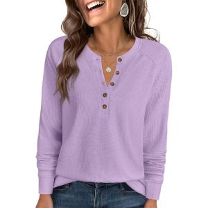 ANRABESS Women’s Long Sleeve Waffle Knit Shirts Dressy Casual Loose Button Up V Neck Henley Tops 2025 Fall Basic Tee Blouse(Light Purple)