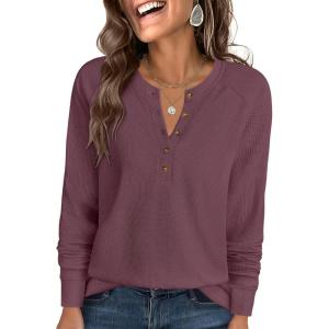 ANRABESS Women’s Long Sleeve Waffle Knit Shirts Dressy Casual Loose Button Up V Neck Henley Tops 2025 Fall Basic Tee Blouse(Mauve)