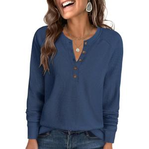 ANRABESS Women’s Long Sleeve Waffle Knit Shirts Dressy Casual Loose Button Up V Neck Henley Tops 2025 Fall Basic Tee Blouse(Navy Blue)