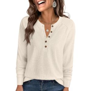 ANRABESS Women’s Long Sleeve Waffle Knit Shirts Dressy Casual Loose Button Up V Neck Henley Tops 2025 Fall Basic Tee Blouse(Parchment)