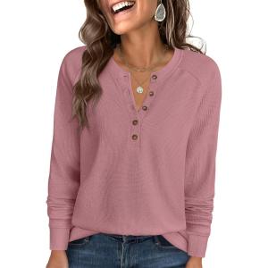 ANRABESS Women’s Long Sleeve Waffle Knit Shirts Dressy Casual Loose Button Up V Neck Henley Tops 2025 Fall Basic Tee Blouse(Pink)