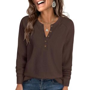 ANRABESS Women’s Long Sleeve Waffle Knit Shirts Dressy Casual Loose Button Up V Neck Henley Tops 2025 Fall Basic Tee Blouse(Red Brown)