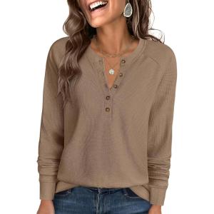 ANRABESS Women’s Long Sleeve Waffle Knit Shirts Dressy Casual Loose Button Up V Neck Henley Tops 2025 Fall Basic Tee Blouse(Tan)