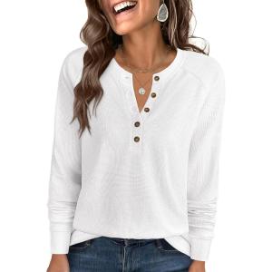 ANRABESS Women’s Long Sleeve Waffle Knit Shirts Dressy Casual Loose Button Up V Neck Henley Tops 2025 Fall Basic Tee Blouse(White)