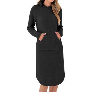 ANRABESS Womens Nightgown Fuzzy Fleece Long Sleeve Hooded Night Gown Knit House Dress with Pocket 2025 Fall Winter Loungewear(Black)