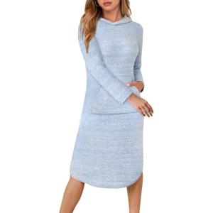 ANRABESS Womens Nightgown Fuzzy Fleece Long Sleeve Hooded Night Gown Knit House Dress with Pocket 2025 Fall Winter Loungewear(Heather Blue)