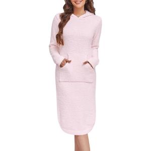 ANRABESS Womens Nightgown Fuzzy Fleece Long Sleeve Hooded Night Gown Knit House Dress with Pocket 2025 Fall Winter Loungewear(Heather Pink)