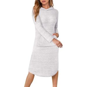 ANRABESS Womens Nightgown Fuzzy Fleece Long Sleeve Hooded Night Gown Knit House Dress with Pocket 2025 Fall Winter Loungewear(Heather Silver Grey)