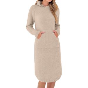 ANRABESS Womens Nightgown Fuzzy Fleece Long Sleeve Hooded Night Gown Knit House Dress with Pocket 2025 Fall Winter Loungewear(Light Khaki)