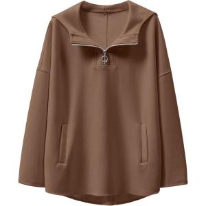 ANRABESS Womens Oversized Hoodie Quarter Zip Sweatshirts 2025 Fall Winter Tunic Pullover Top Trendy Teen Girls Preppy Clothes(Brown)