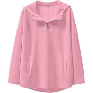 ANRABESS Womens Oversized Hoodie Quarter Zip Sweatshirts 2025 Fall Winter Tunic Pullover Top Trendy Teen Girls Preppy Clothes(Light Pink)