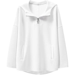 ANRABESS Womens Oversized Hoodie Quarter Zip Sweatshirts 2025 Fall Winter Tunic Pullover Top Trendy Teen Girls Preppy Clothes(White)