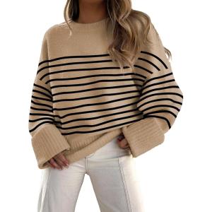 ANRABESS Women’s Oversized Sweaters 2025 Long Sleeve Fuzzy Knit Casual Chunky Pullover Sweater Fall Outfits Clothes(Camel Black Stripe)