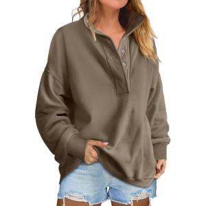ANRABESS Womens Oversized Sweatshirt Long Sleeve Henley Pullover Tops 2025 Fall Casual Button Loose Fit Teens Fashion Outfits(Brown)