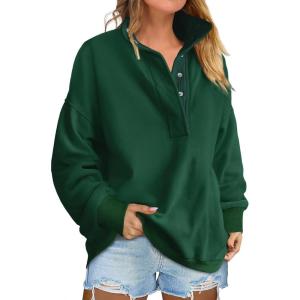 ANRABESS Womens Oversized Sweatshirt Long Sleeve Henley Pullover Tops 2025 Fall Casual Button Loose Fit Teens Fashion Outfits(Deep Green)