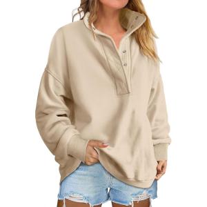 ANRABESS Womens Oversized Sweatshirt Long Sleeve Henley Pullover Tops 2025 Fall Casual Button Loose Fit Teens Fashion Outfits(Parchment)