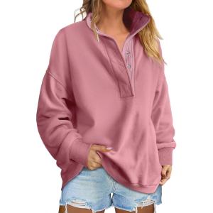 ANRABESS Womens Oversized Sweatshirt Long Sleeve Henley Pullover Tops 2025 Fall Casual Button Loose Fit Teens Fashion Outfits(Pink)