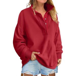 ANRABESS Womens Oversized Sweatshirt Long Sleeve Henley Pullover Tops 2025 Fall Casual Button Loose Fit Teens Fashion Outfits(Red)