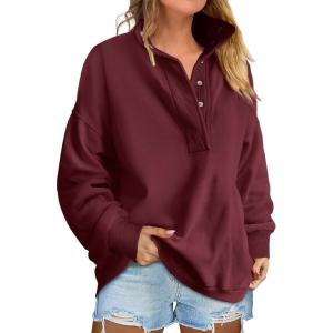 ANRABESS Womens Oversized Sweatshirt Long Sleeve Henley Pullover Tops 2025 Fall Casual Button Loose Fit Teens Fashion Outfits(Wine Red)