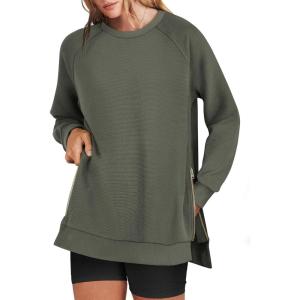 ANRABESS Women’s Oversized Sweatshirts Crewneck Long Sleeve Tunic Pullover Shirts Side Zipper Hoodies 2025 Fall Clothes(Army Green)