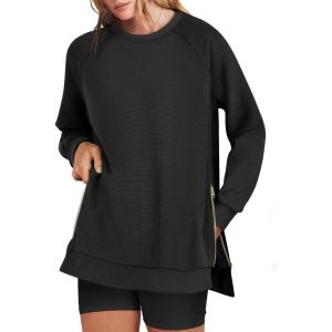 ANRABESS Women’s Oversized Sweatshirts Crewneck Long Sleeve Tunic Pullover Shirts Side Zipper Hoodies 2025 Fall Clothes(Black)