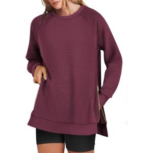 ANRABESS Women’s Oversized Sweatshirts Crewneck Long Sleeve Tunic Pullover Shirts Side Zipper Hoodies 2025 Fall Clothes(Burgundy)
