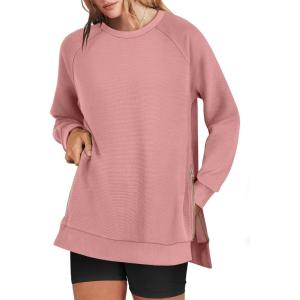 ANRABESS Women’s Oversized Sweatshirts Crewneck Long Sleeve Tunic Pullover Shirts Side Zipper Hoodies 2025 Fall Clothes(Dark Pink)